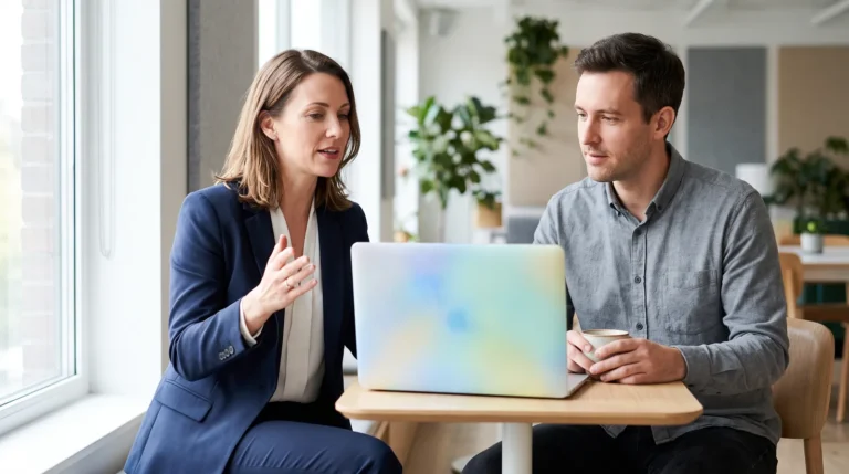 Marketer and sales rep reviewing b2b explainer videos on an angled laptop in a bright small office