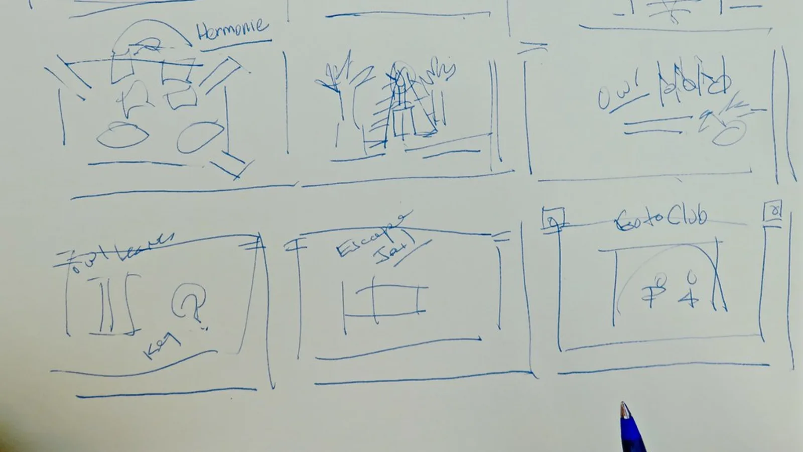 Hand-drawn storyboard frames on paper used to plan a 2D explainer video