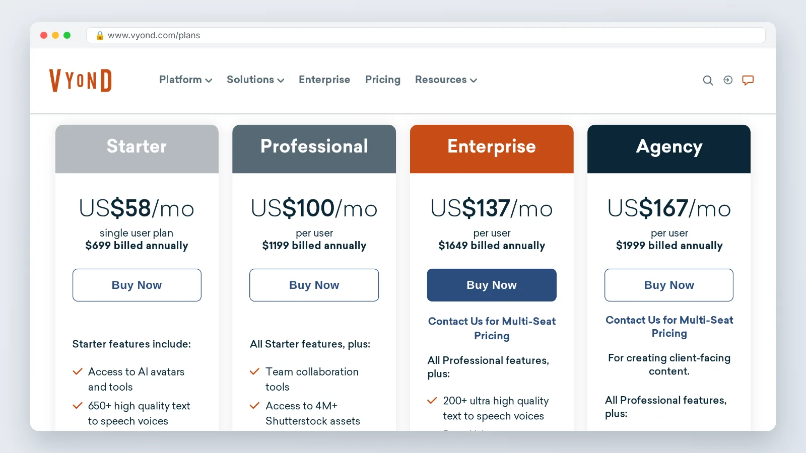Vyond pricing page showing Starter plan monthly and annual prices