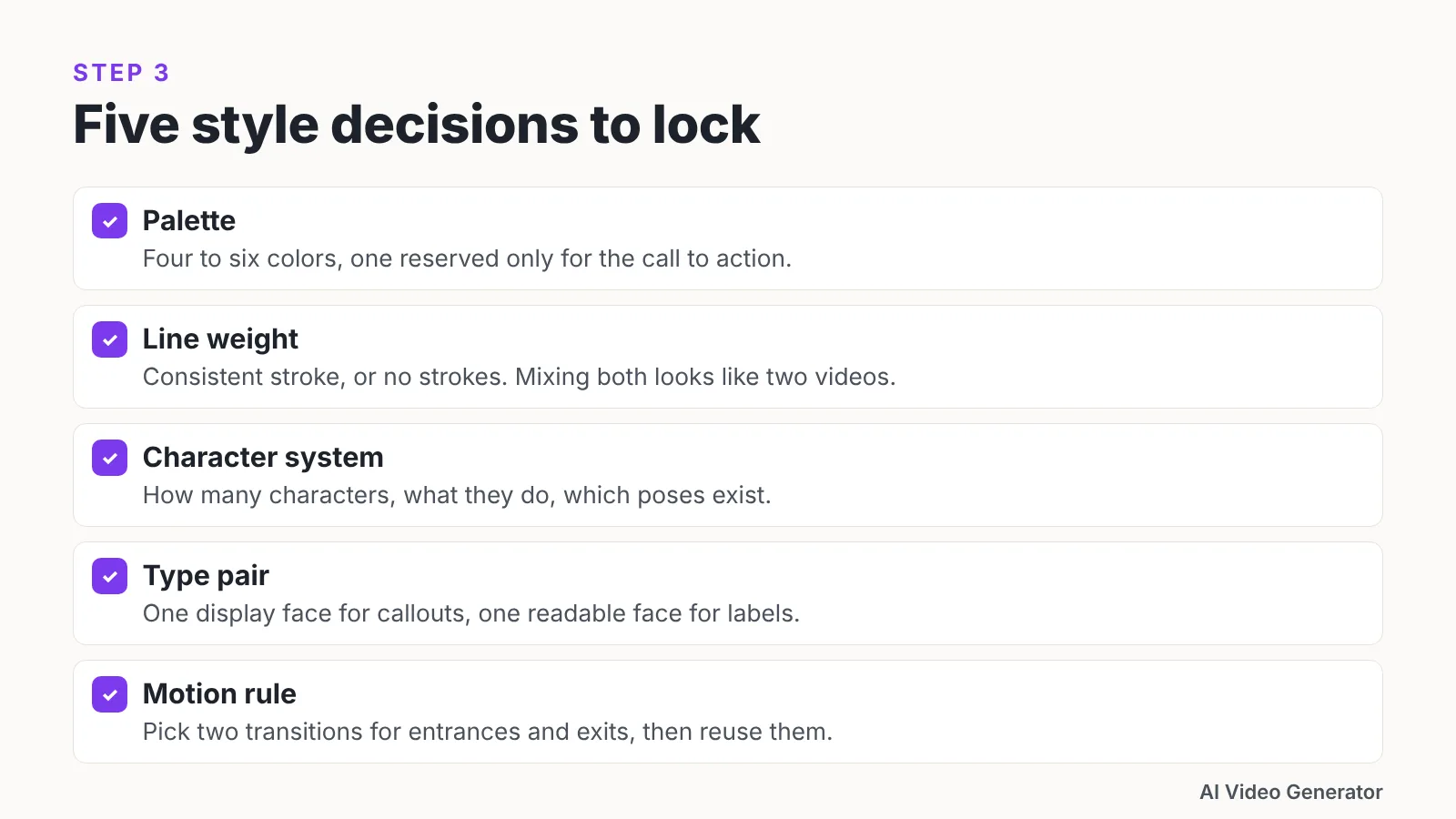 Checklist graphic listing palette, line weight, character system, type pair and motion rule