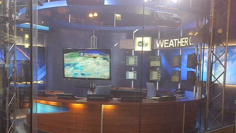 Empty TV news anchor desk and studio camera, the setup an AI news anchor generator replaces