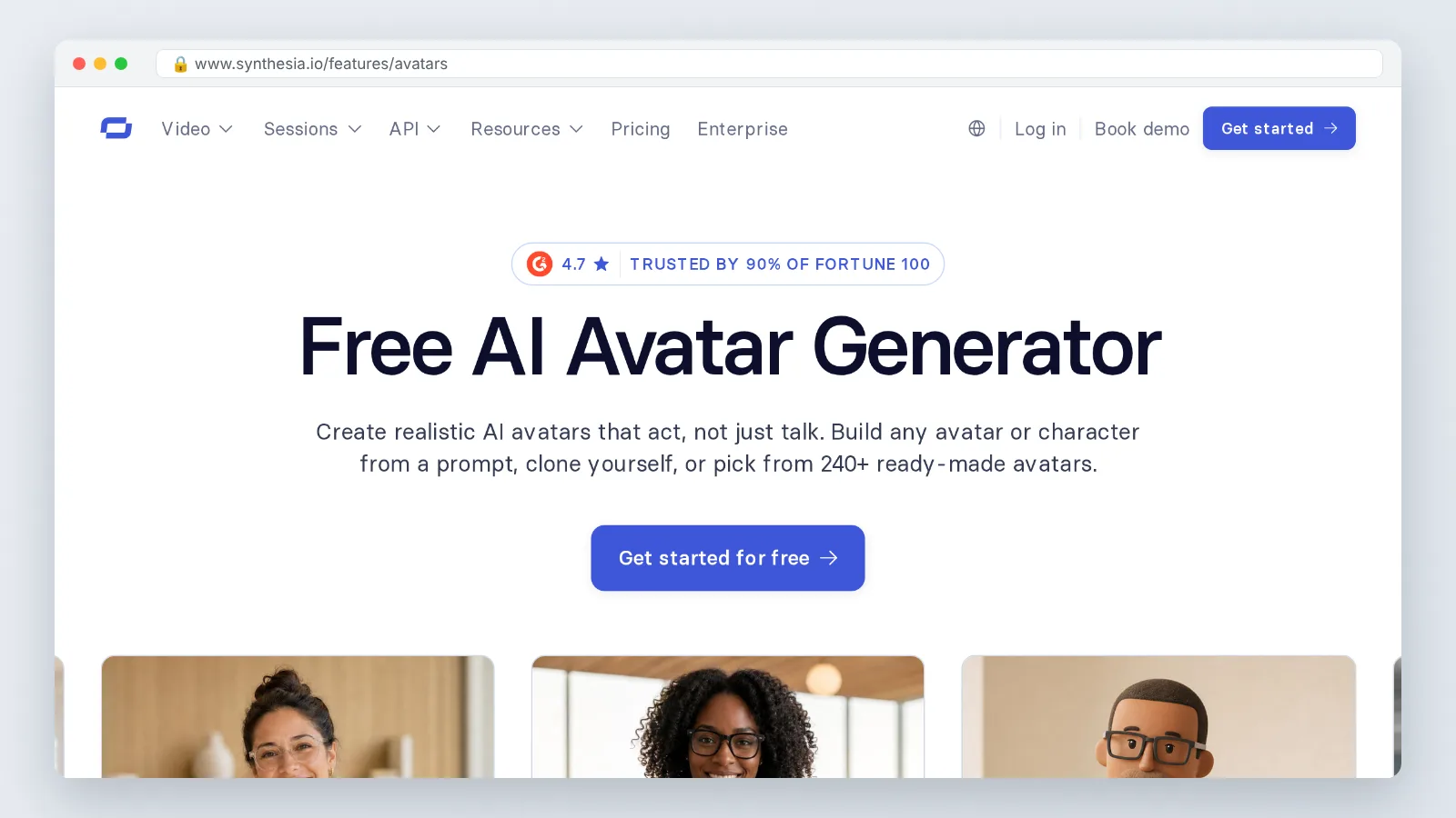 Synthesia AI Avatars page showing a grid of stock presenters used for an AI spokesperson video