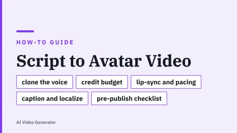 Title card: Script to Avatar Video — clone the voice, credit budget, lip-sync and pacing, caption and localize