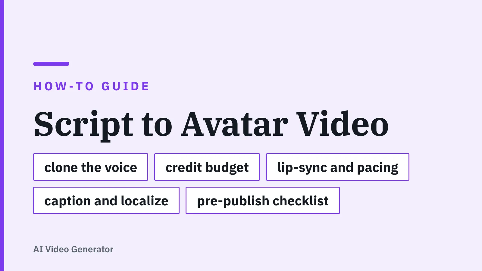 Title card: Script to Avatar Video — clone the voice, credit budget, lip-sync and pacing, caption and localize