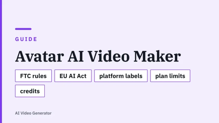 Title card: Avatar AI Video Maker — FTC rules, EU AI Act, platform labels, plan limits, credits