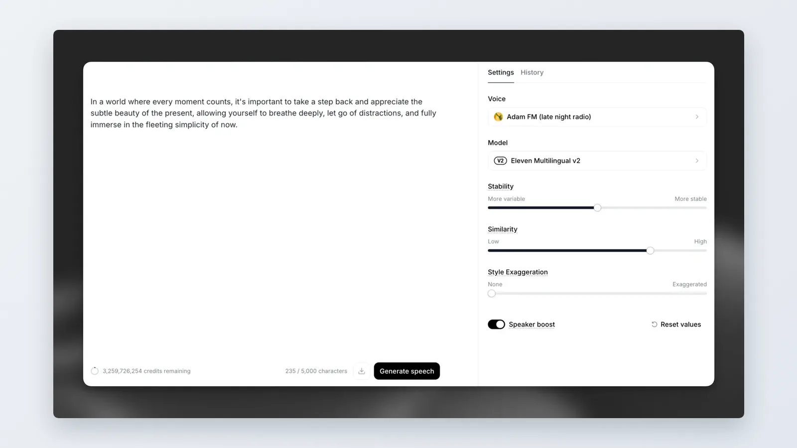ElevenLabs text-to-speech demo with script field, Voice and Model pickers, sliders and Generate speech button