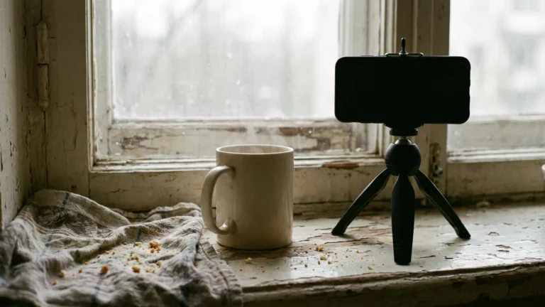 Phone on a mini tripod photographing a steaming mug on a windowsill as a reference still