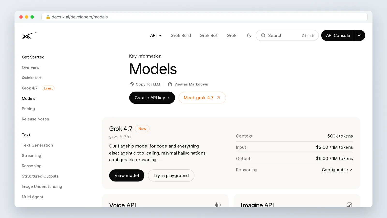 xAI models and pricing page showing Grok Imagine video per-second pricing