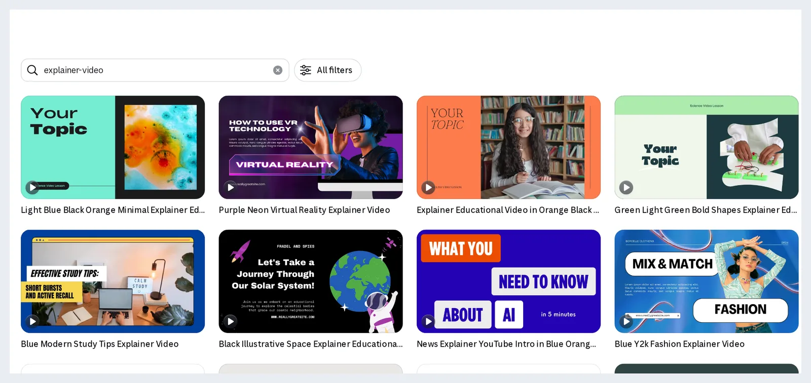 Canva explainer-video template library: search box, All filters button and grid of video template thumbnails