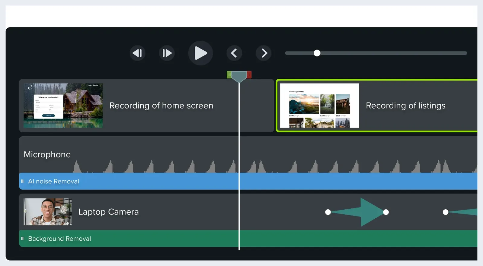 Camtasia timeline with 'Recording of home screen' and 'Recording of listings' clips, microphone waveform and camera track