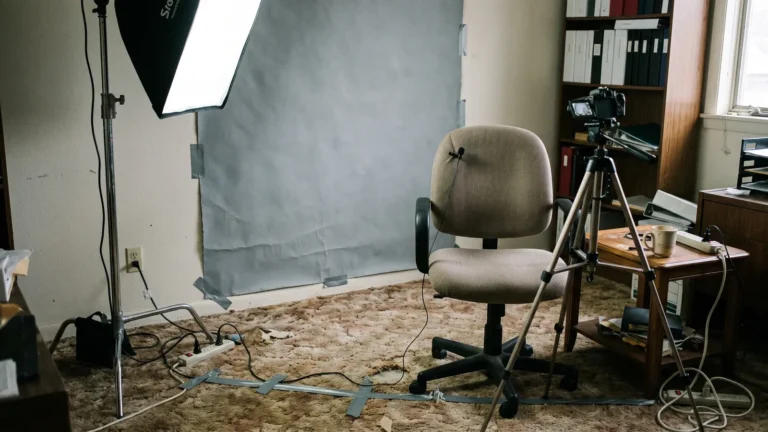 Small office recording corner with grey backdrop, softbox light, tripod and clip-on microphone