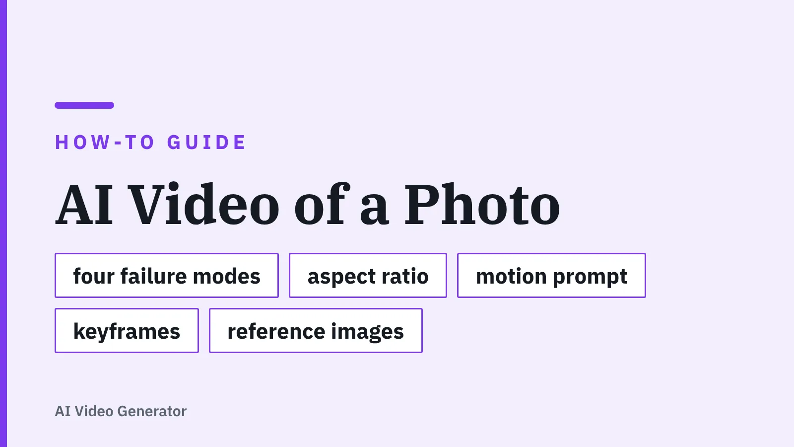 Title card: AI Video of a Photo — four failure modes, aspect ratio, motion prompt, keyframes, reference images