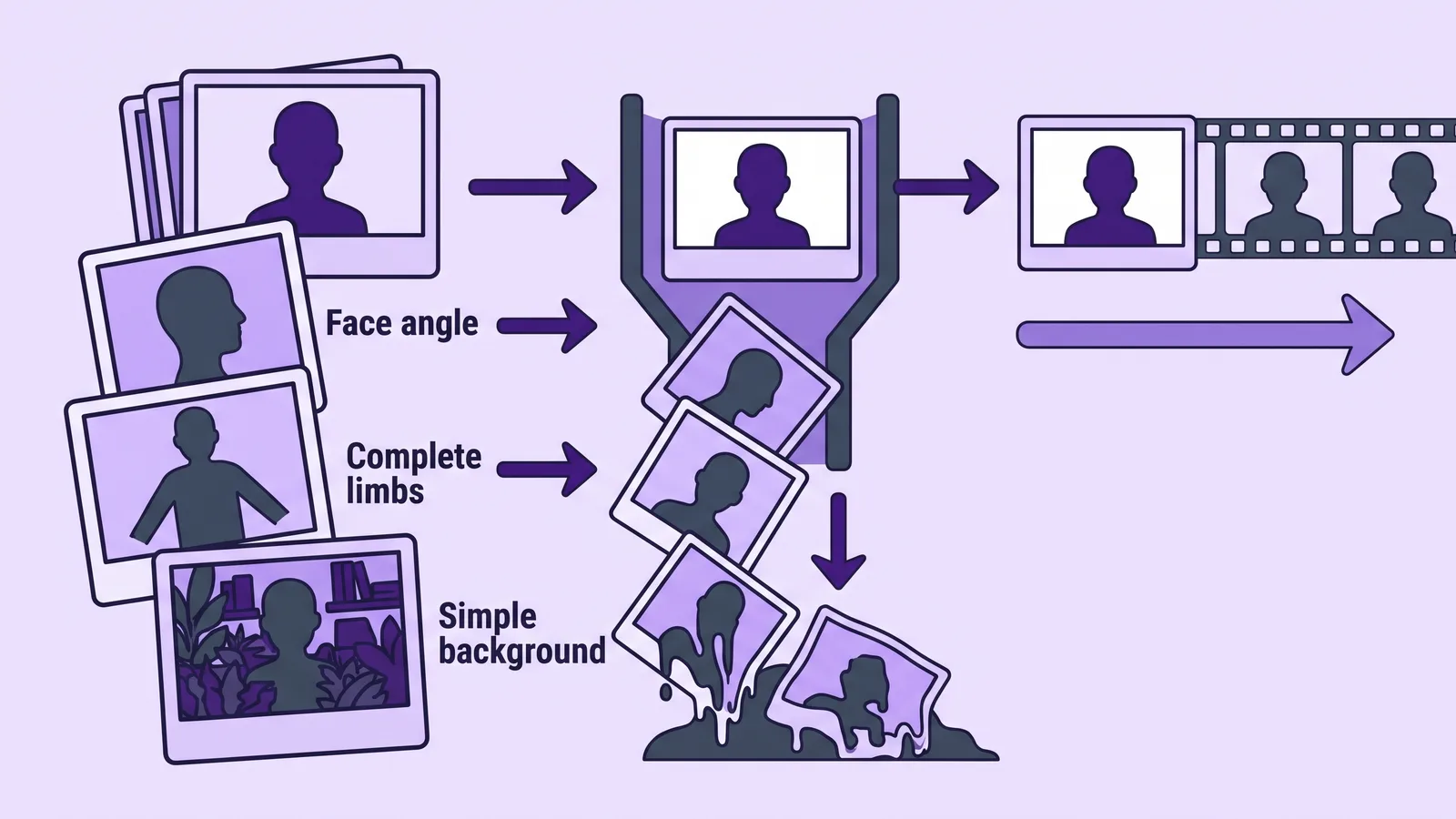 Flat illustration: photos feed a funnel, one passes to a film strip, three labelled ones slide out and melt.