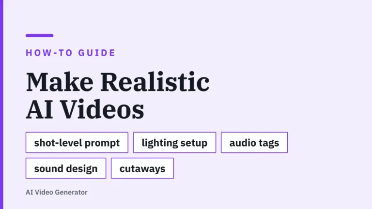 Title card: Make Realistic AI Videos — shot-level prompt, lighting setup, audio tags, sound design, cutaways