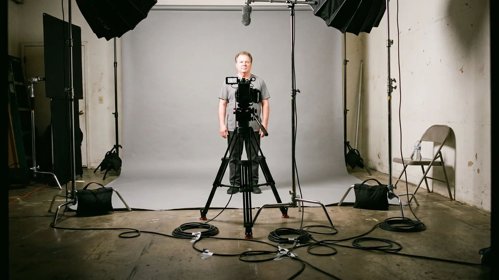Studio recording session for a talking avatar: presenter on neutral backdrop, locked-off camera on tripod