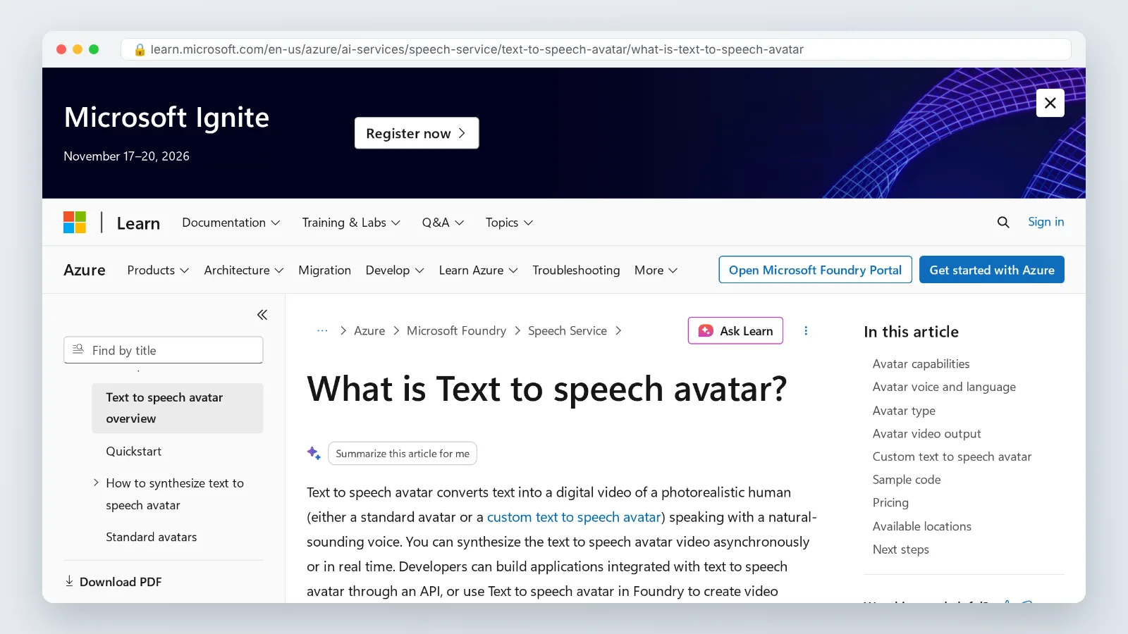 Microsoft Learn page on Azure text to speech avatar showing resolution and frame rate details