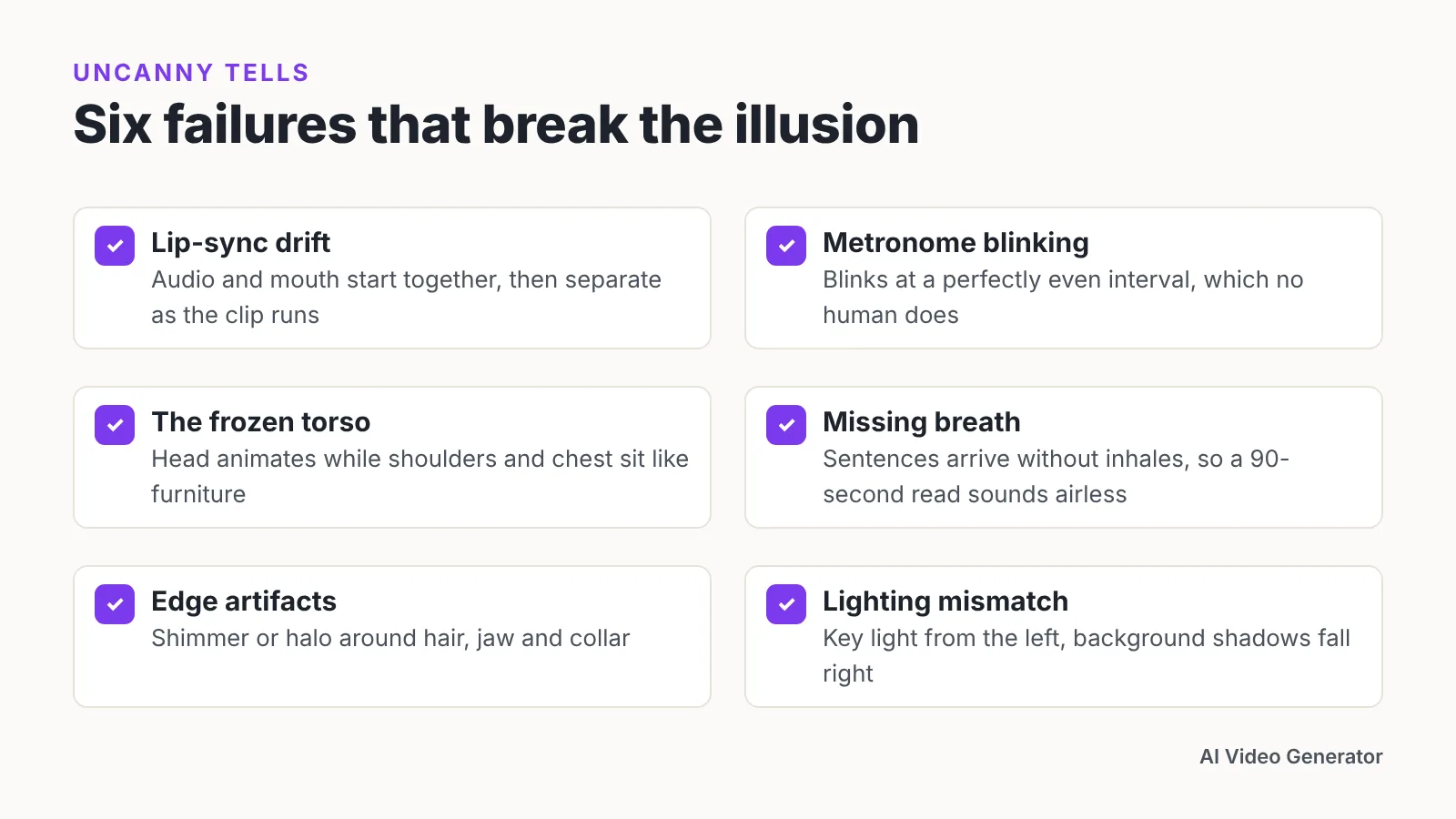 Checklist graphic listing six uncanny failures: lip-sync drift, blinking, frozen torso, breath, edges, lighting